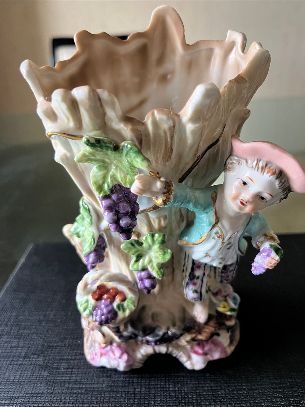 Betson Vintage Porcelain Figural Vase with Grapes and Boy 6”